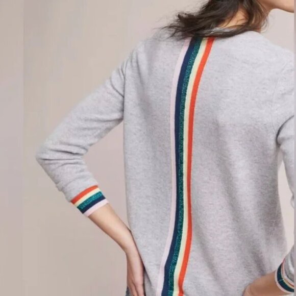 Needle Anthropologie Cashmere Crew Neck Sweater w/ Varsity Multicolor Stripe L - Picture 1 of 10